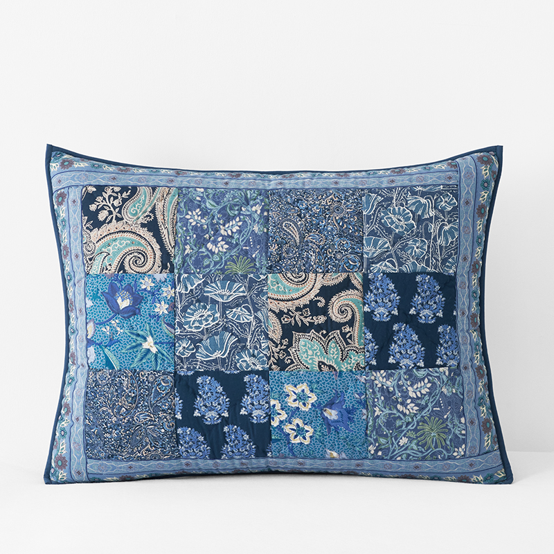 Sanganer Floral Patchwork Quilted Sham  - Blue Multi