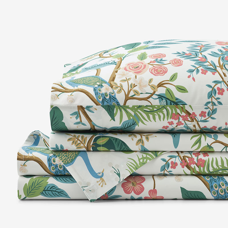 The Company Store Peacock Classic Smooth Sateen Bed Sheet Set In Green/ivory