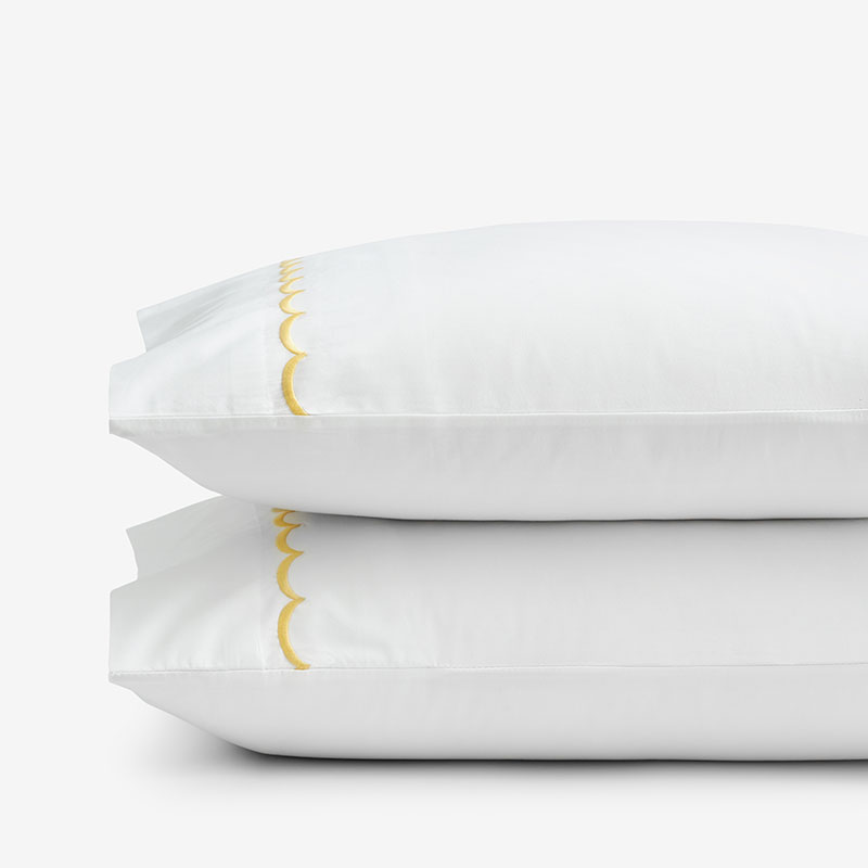 The Company Store Scallop Embroidered Premium Cool Egyptian Percale Pillowcase Set In White/yellow