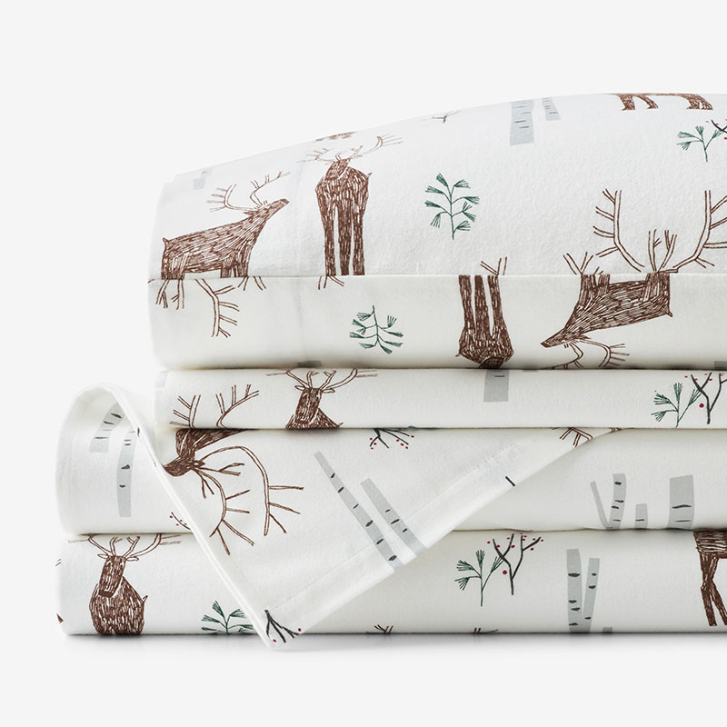 The Company Store Holiday Print Classic Ultra-cozy Cotton Velvet Flannel Bed Sheet Set In Brown/gray/white