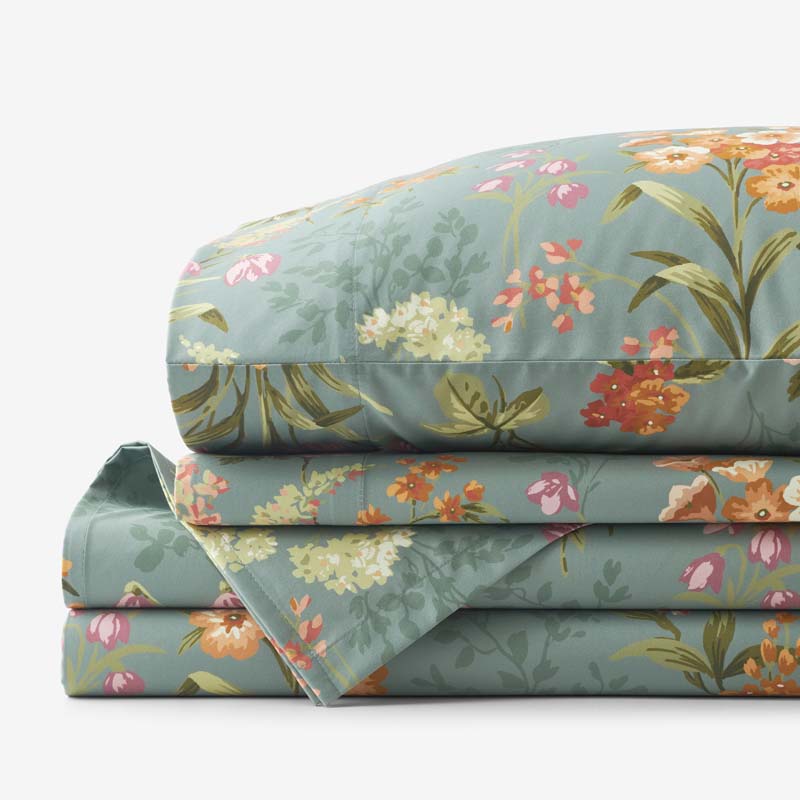 The Company Store Blooming Elegance Premium Smooth Wrinkle-free Sateen Bed Sheet Set In Blue