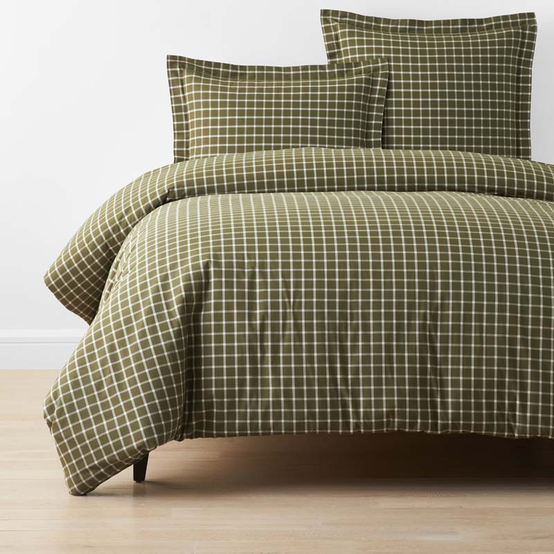 Classic Stripes and Plaids Cool Yarn-Dyed Cotton Percale Duvet Cover - Windowpane Green, King/Cal. King