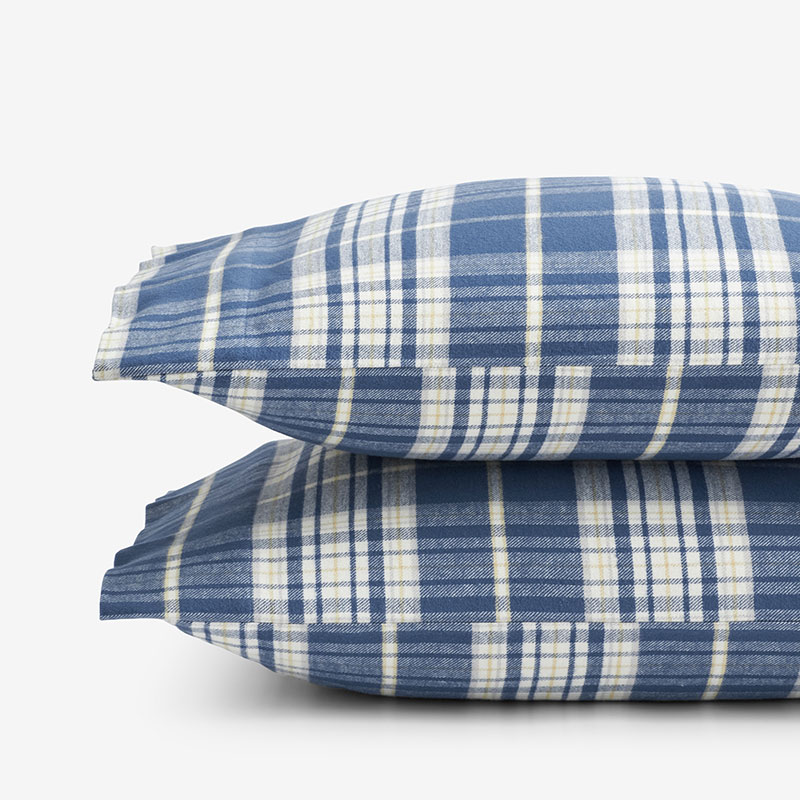 The Company Store Classic Plaid Ultra-cozy Cotton Velvet Cotton Flannel Pillowcase Set In Blue/ivory