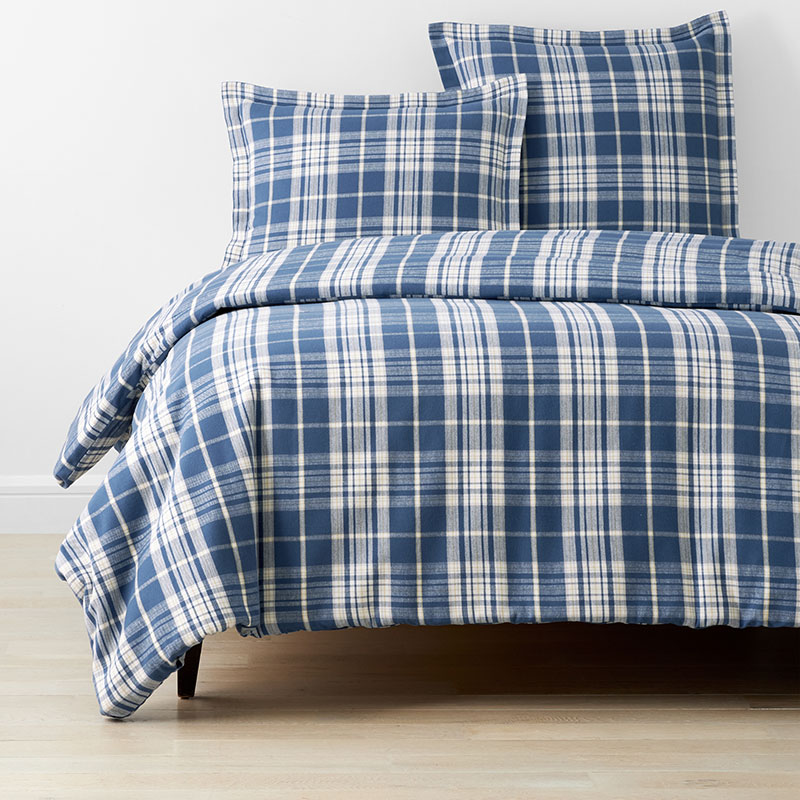 The Company Store Classic Plaid Ultra-cozy Cotton Velvet Cotton Flannel Duvet Cover In Blue/ivory