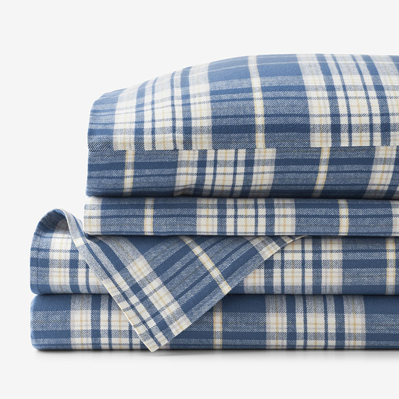 The Company Store Classic Plaid Ultra-cozy Cotton Velvet Cotton Flannel Bed Sheet Set In Blue/ivory