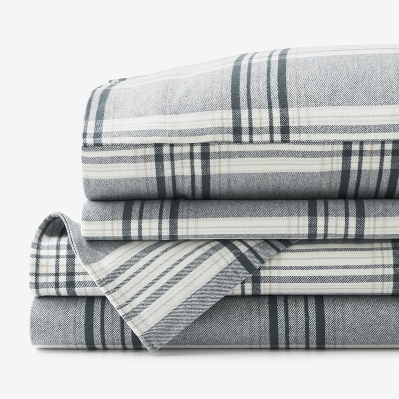 The Company Store Classic Plaid Ultra-cozy Cotton Velvet Cotton Flannel Bed Sheet Set In Blue/gray