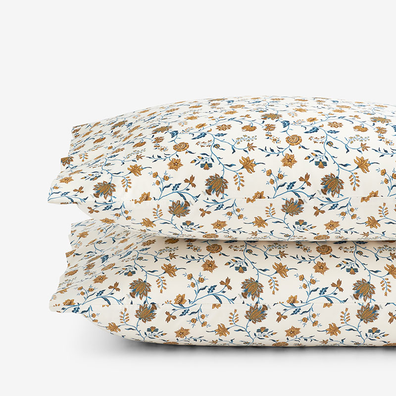 The Company Store Misha Floral Premium Smooth Sateen Pillowcase Set In Blue/brown/ivory