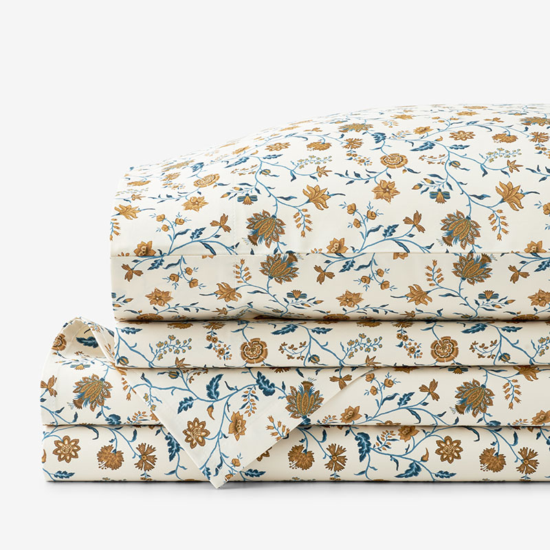 The Company Store Misha Floral Premium Smooth Sateen Bed Sheet Set In Blue/brown/ivory