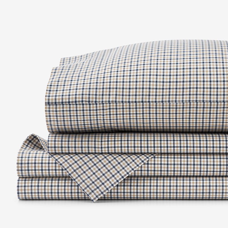 The Company Store Classic Stripes And Plaids Cool Yarn-dyed Cotton Percale Bed Sheet Set In Beige/blue