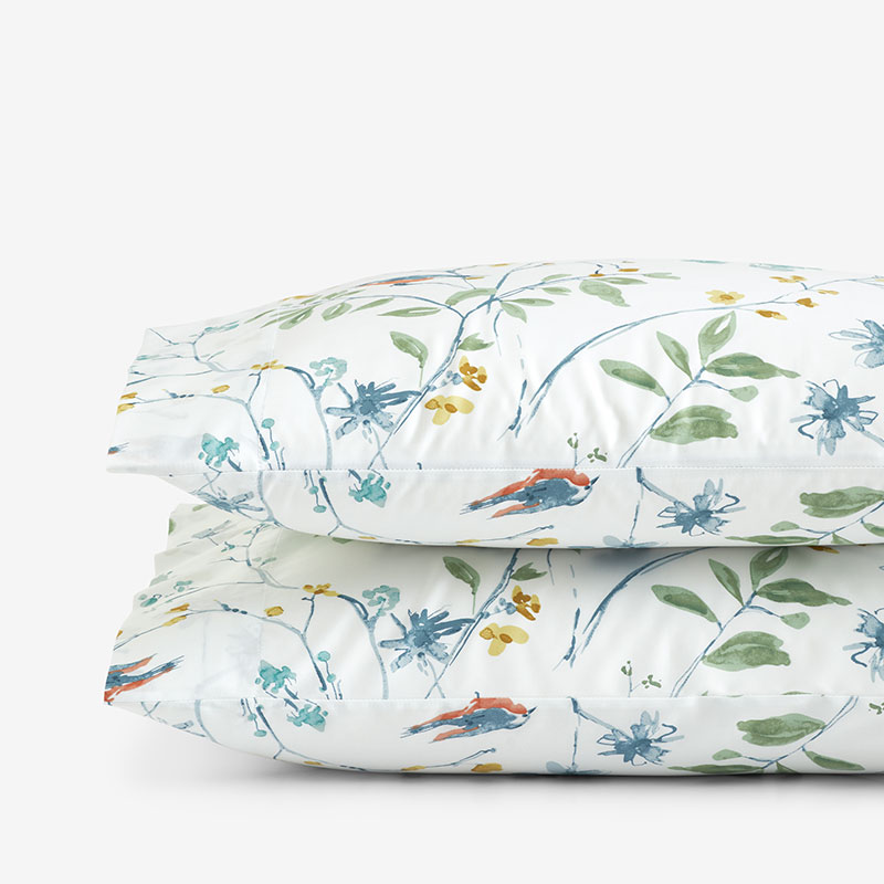The Company Store Bird In Spring Classic Smooth Sateen Pillowcase Set In Blue/green/white