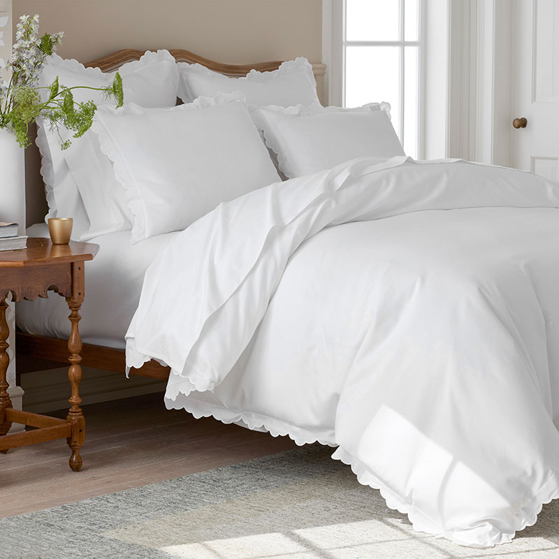 Embroidered Scallop Classic Smooth Sateen Solid Pillowcase Set|61158