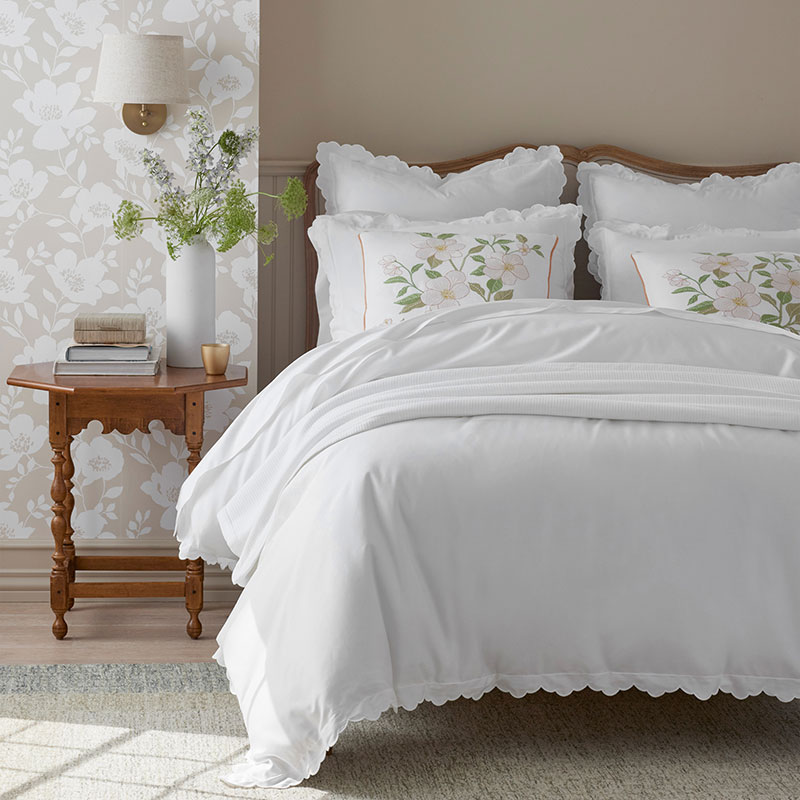Embroidered Scallop Classic Smooth Sateen Solid Pillowcase Set|61158