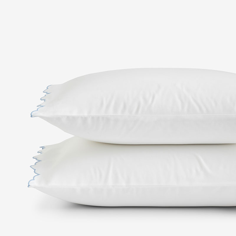The Company Store Embroidered Scallop Classic Smooth Sateen Solid Pillowcase Set In Blue/white