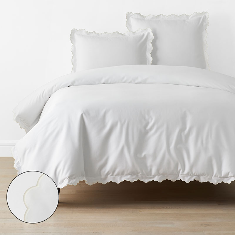 Embroidered Scallop Cotton Sateen Duvet Cover, Ivory, King