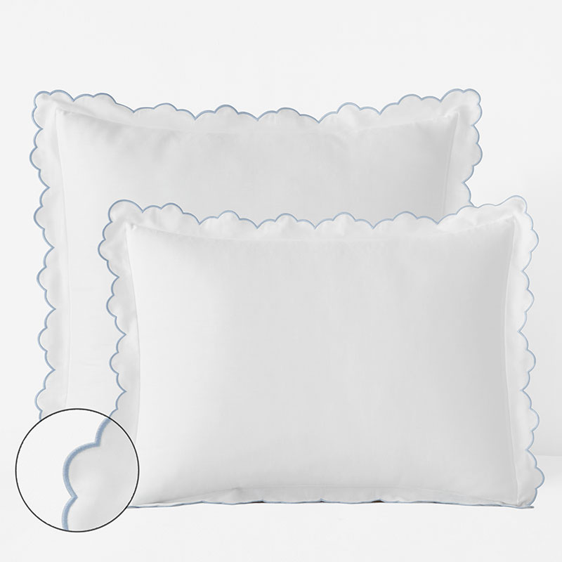 The Company Store Embroidered Scallop Classic Smooth Sateen Solid Sham In Blue/white