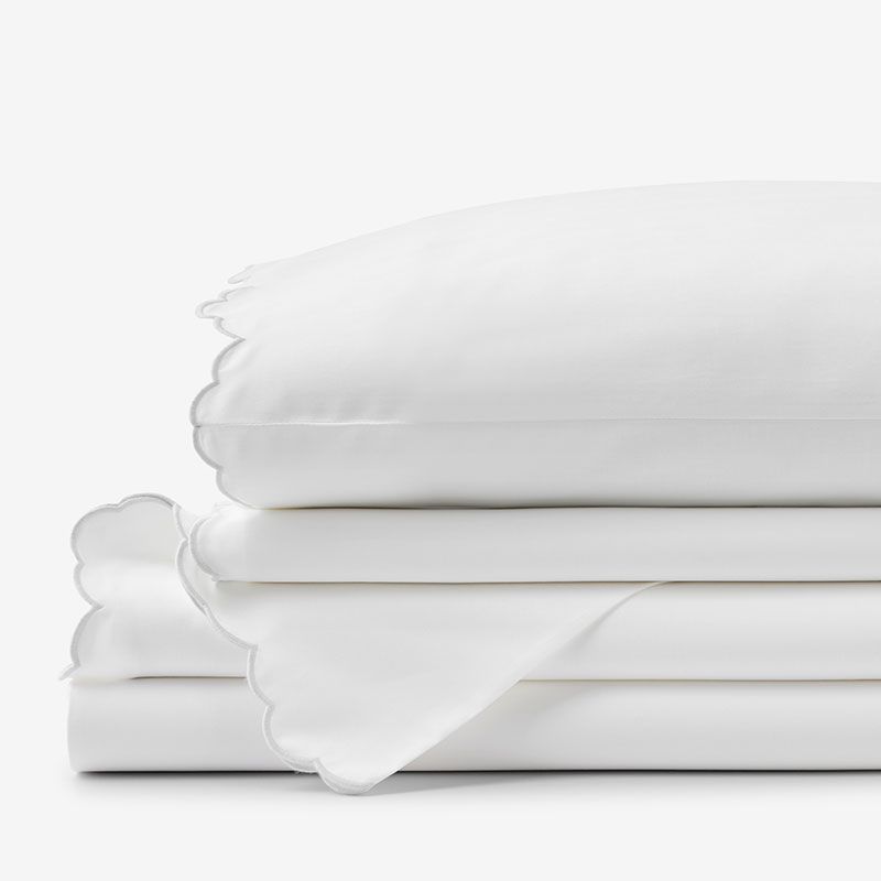 The Company Store Embroidered Scallop Classic Smooth Sateen Solid Bed Sheet Set In Gray/white