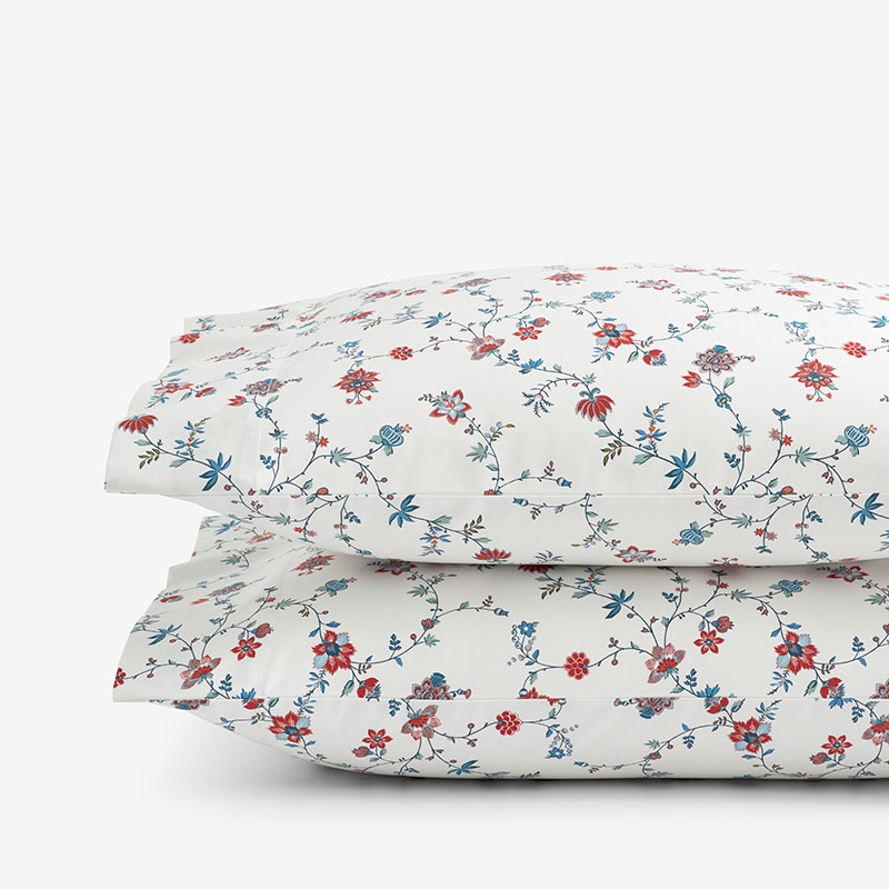 The Company Store Sheena Premium Smooth Sateen Pillowcase Set In Blue/ivory/red