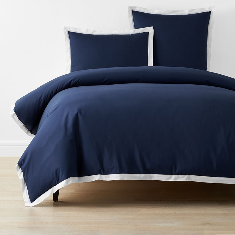 The Company Store Solid Border Classic Cool Cotton Percale Duvet Cover In Blue