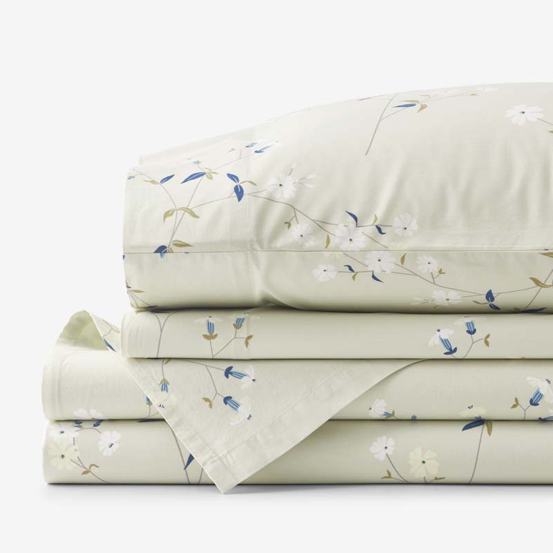 The Company Store Blossom Trail Garment Washed Cotton Percale Bed Sheet Set In White