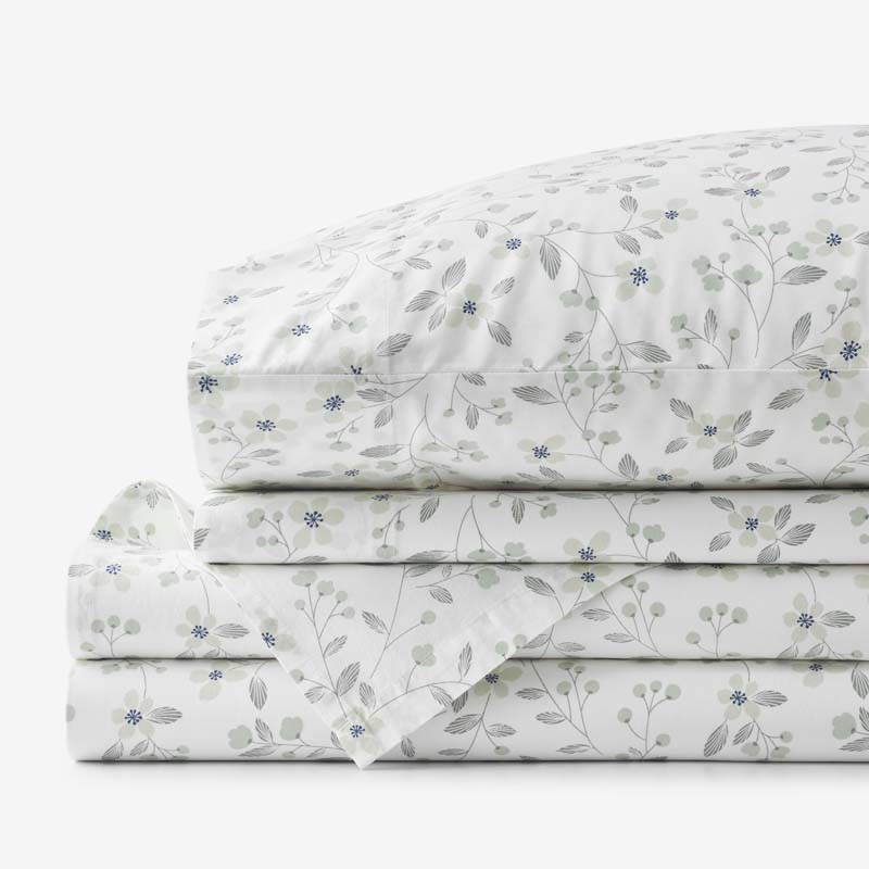 The Company Store Floral Bliss Garment Washed Cotton Percale Bed Sheet Set In White