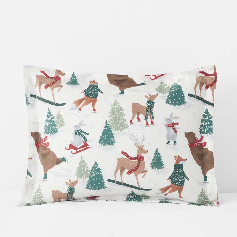 Holiday Print Classic Cool Cotton Percale Sham - Winter Skiing Animals, Standard,Winter Skiing Animals