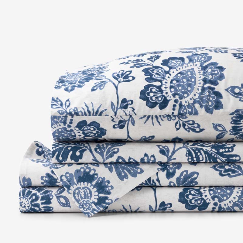 Floral Indigo Garden Classic Cool Cotton Percale Bed Sheet Set
