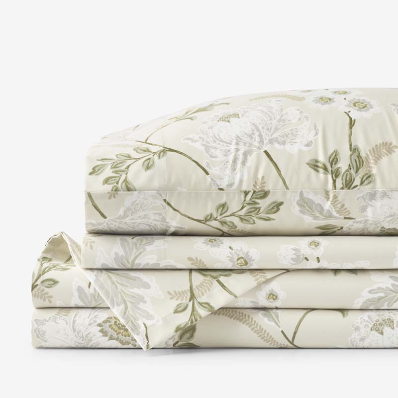 The Company Store Tranquil Blossom Premium Smooth Wrinkle-free Sateen Bed Sheet Set In Beige/green/ivory
