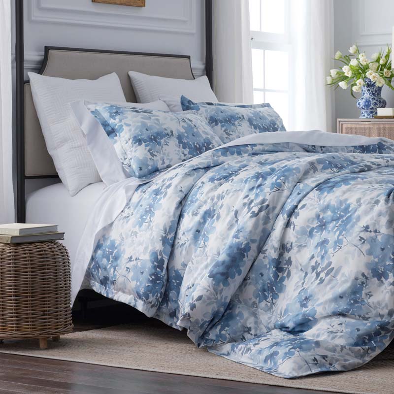 Floral Grove Smooth Wrinkle-Free Sateen Fitted Bed Sheet(Dusty Blue)|60105