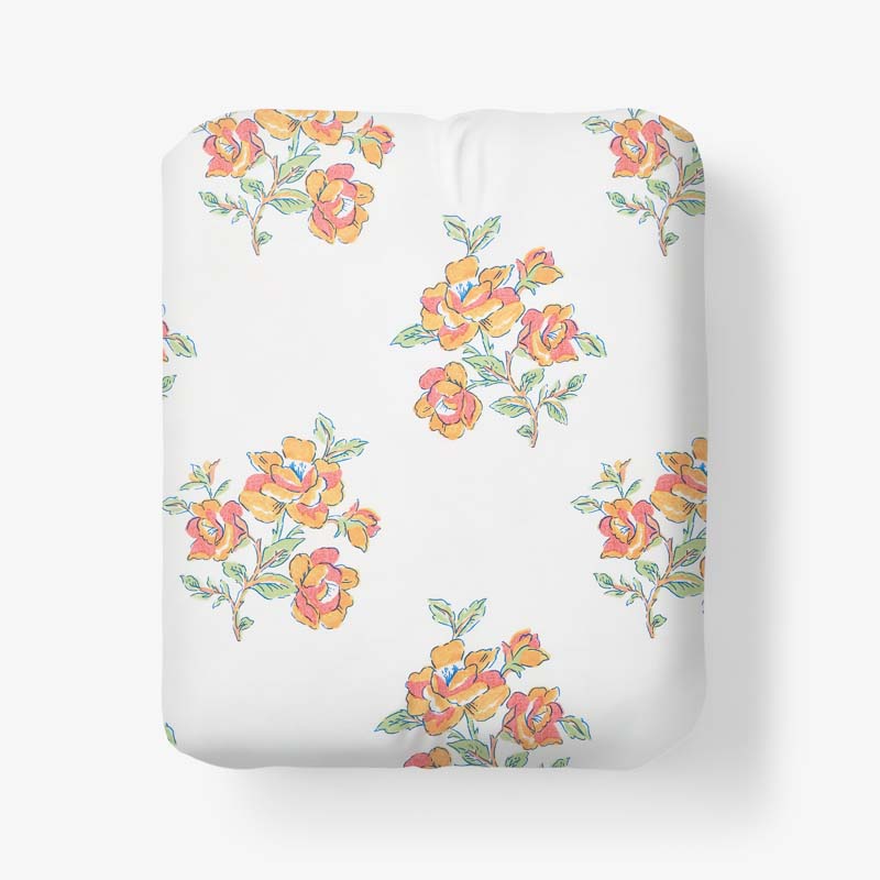 The Company Store Blossoms And Stripes Classic Cool Cotton Percale Fitted Bed Sheet In Orange/coral