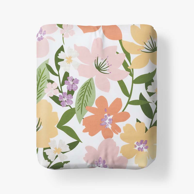 The Company Store Whimsy Garden Classic Cool Cotton Percale Fitted Bed Sheet In Green/orange/coral