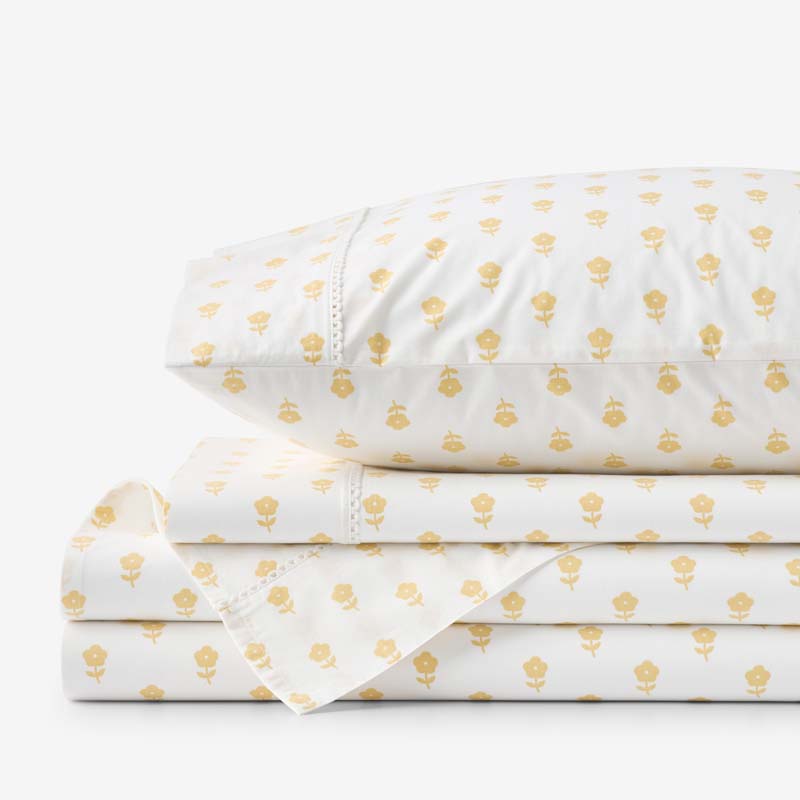 The Company Store Mini-prints Garment Washed Cotton Percale Bed Sheet Set In White/yellow