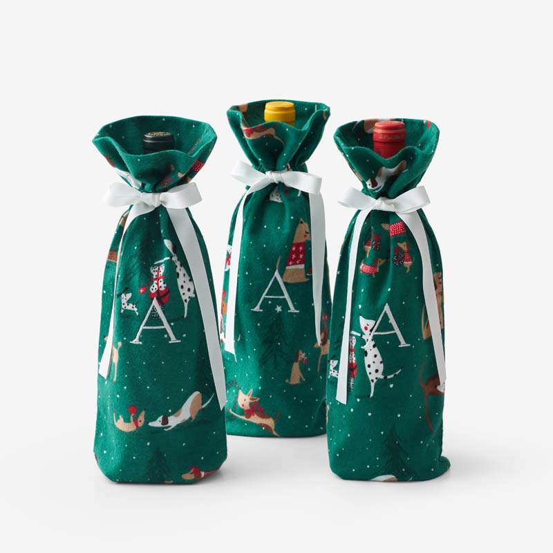 Flannel Wine Bags, Set of 3 – Brown/Green, Size Winebag14 x 6, Cotton Flannel | The Company Store
