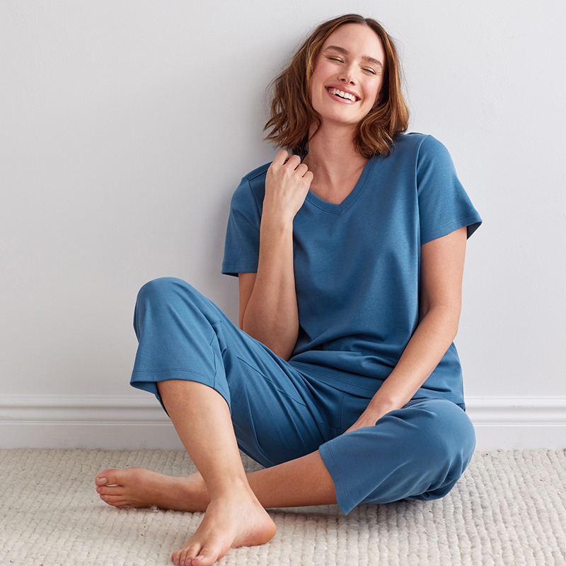 Pima Cotton Womens Cropped Pajama Set - Blue Denim, XXL