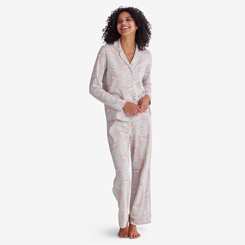 Printed Pima Cotton Button-Down Pajama Set - Nestling Birds, XS