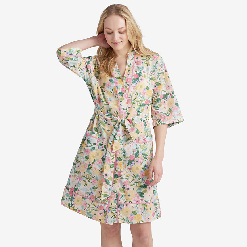 The Company Store Printed Voile Women's Kimono Robe In Green/pink/yellow
