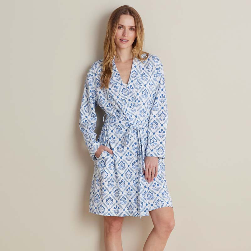 The Company Store Printed Pima Cotton Women's Kimono Robe In Blue