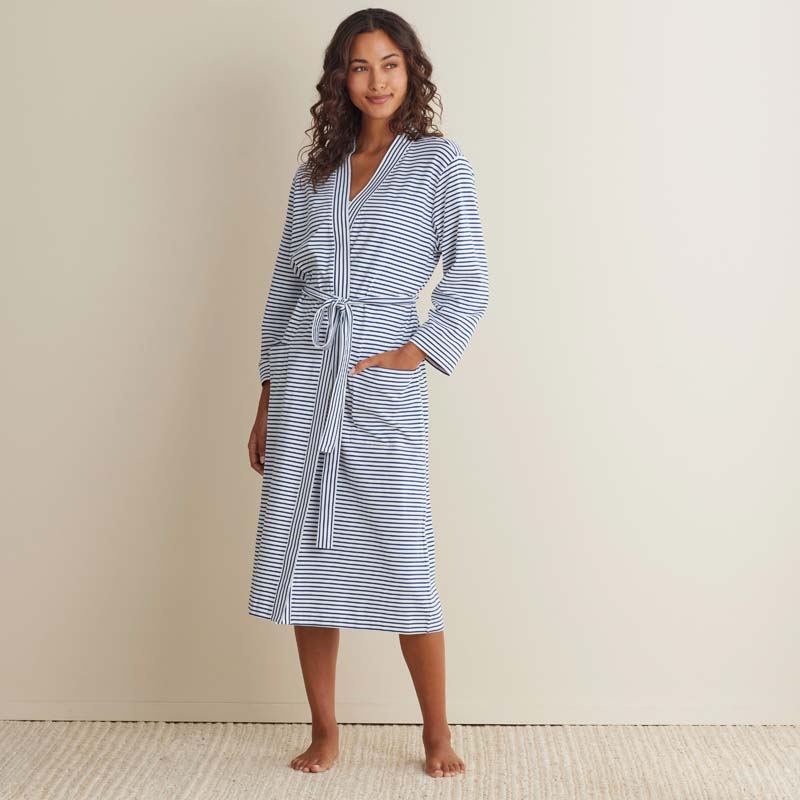 Yarn-Dyed Stripe Pima Cotton Women's Kimono Robe - Navy/White, XS