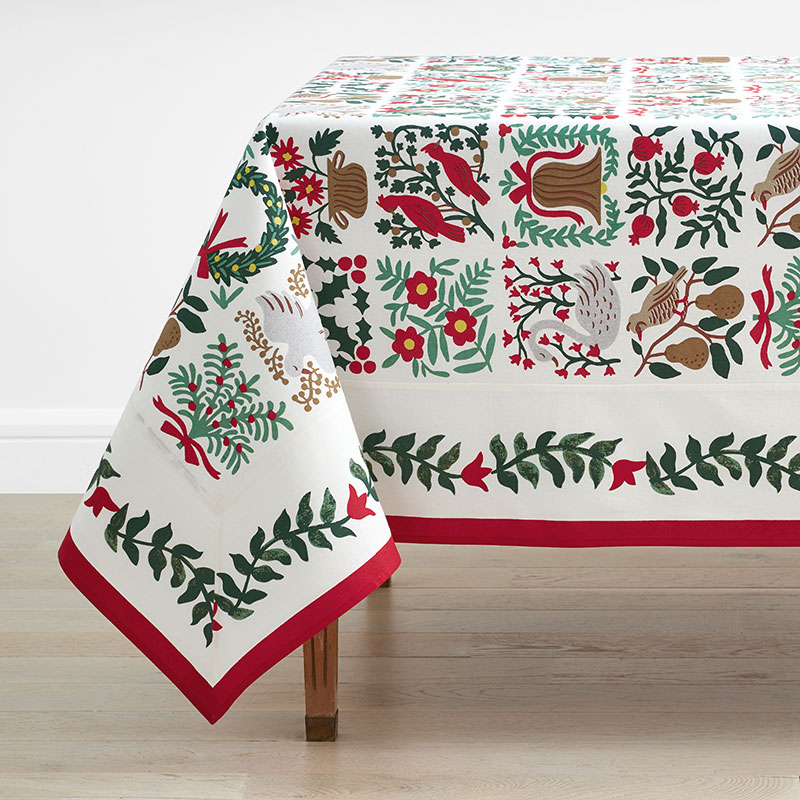 The Company Store Christmastide Tablecloth In Green/ivory/red