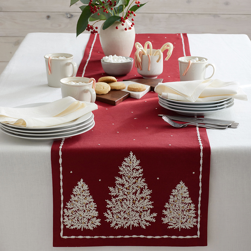 Holiday Table Runner - Evergreen Trees Red