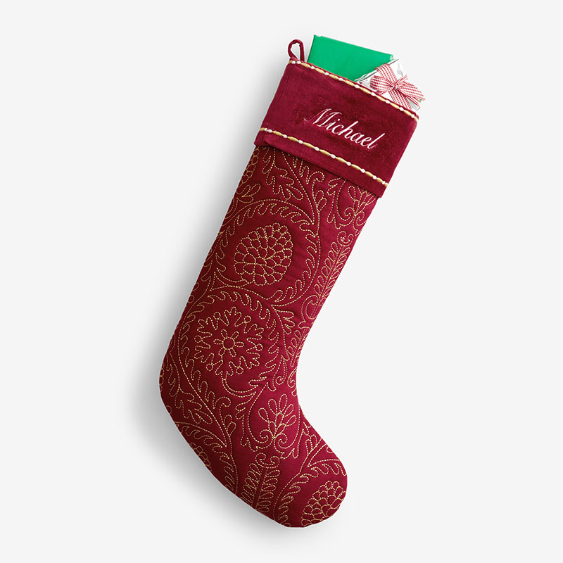 Embroidered Cotton Stocking with Velvet Cuffs