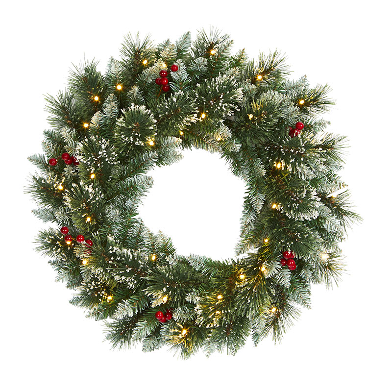 The Company Store Pre-lit Frosted Swiss Pine Wreath In Green