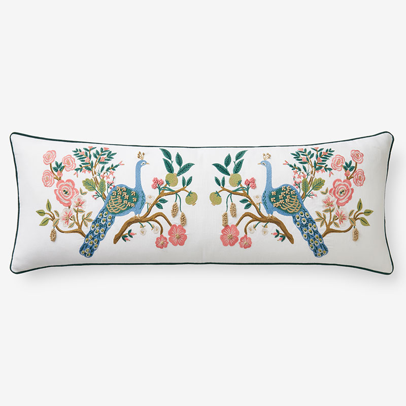 The Company Store Peacock Decorative Lumbar Pillow Cover In Ivory/teal/turquoise Blue