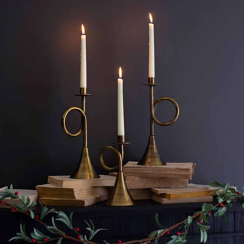 The Company Store Antique Brass Trumpet Candle Holders, Set Of 3 In Gold