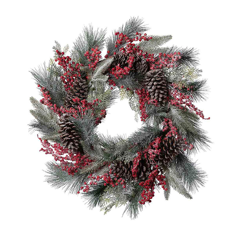 Frosted Mixed Evergreen Pine Cone and Berry Wreaths, Set of 2