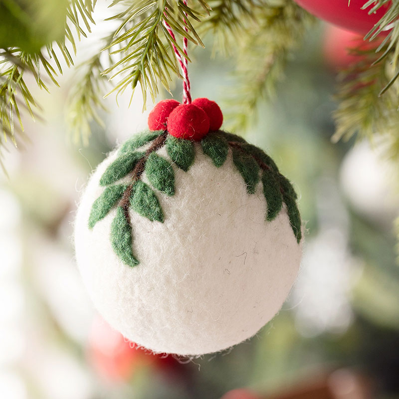 Holly Top Wool Ball Ornament - White