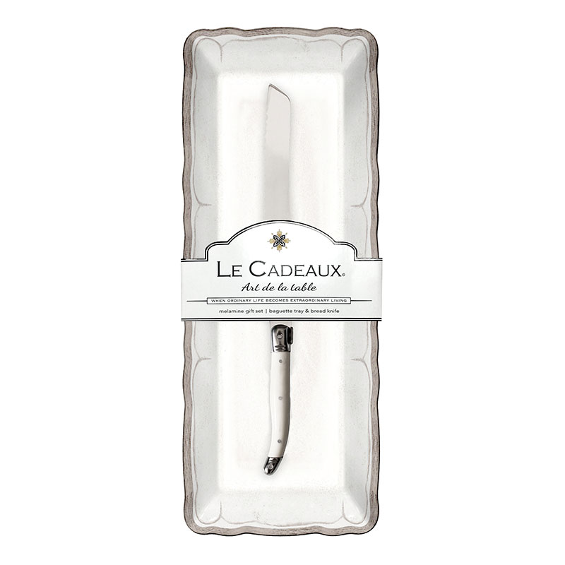 The Company Store Rustica Antique White Melamine Baguette Tray With Laguiole Bread Knife In Ivory/white