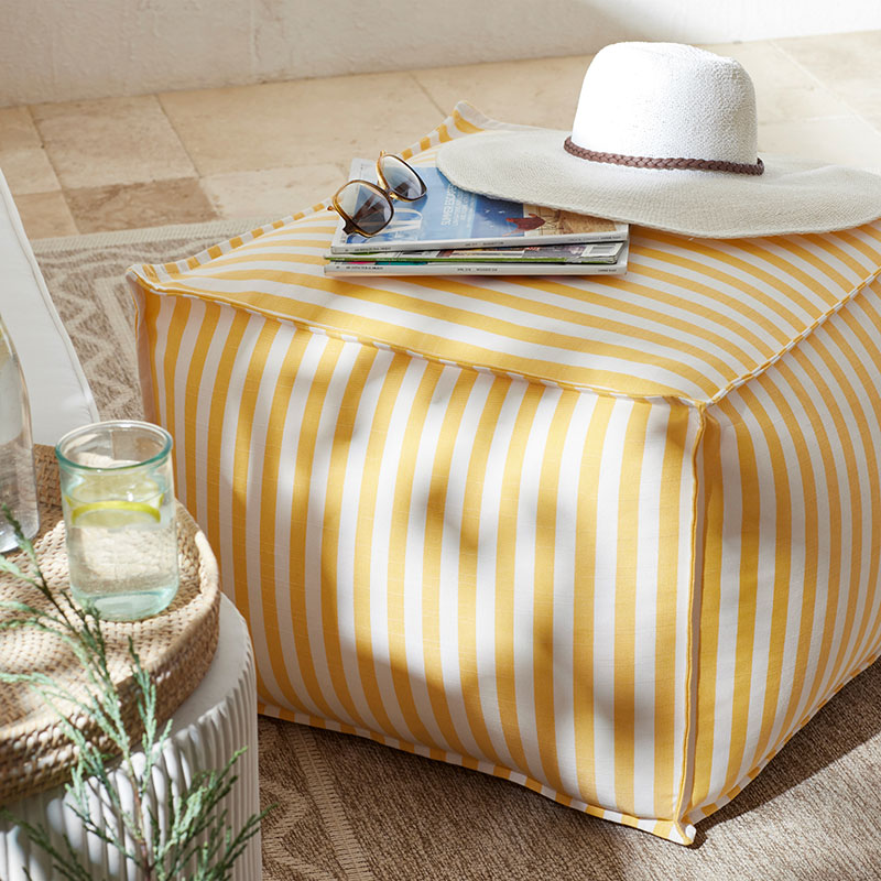 The Company Store Indoor/outdoor Square Pouf In White/yellow